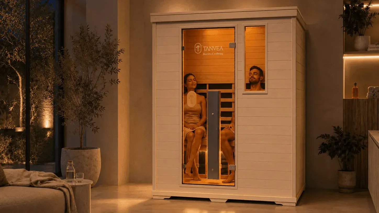 Infrasauna Tanvea Crown Nice v obývacím pokoji večer