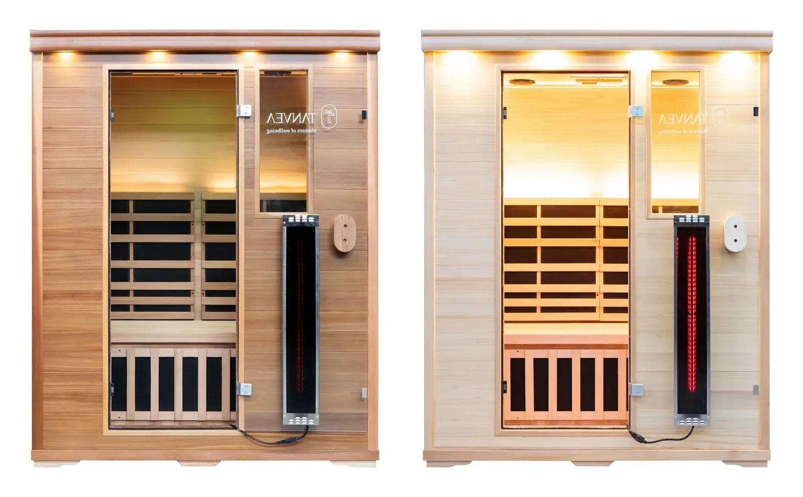 Infrasauna Tanvea Crown Luxury 3 v kanadském cedru a Crown Nice 3 v hemlocku vedle sebe